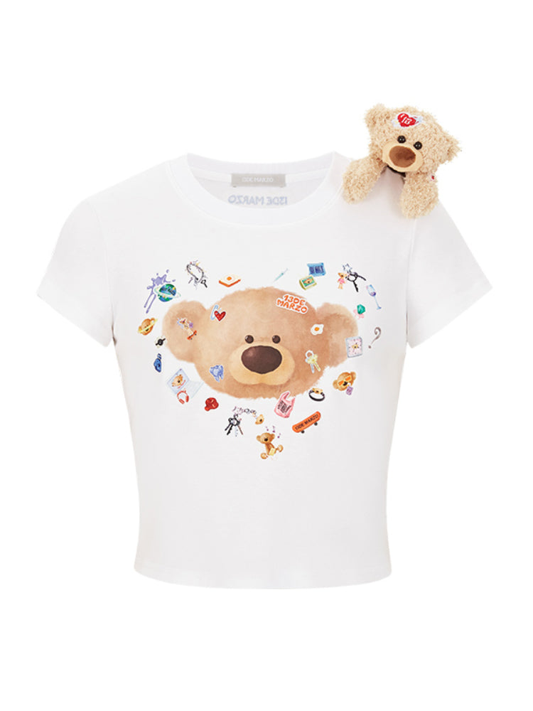Sticker Bear Head Crew Neck Cotton T-shirt