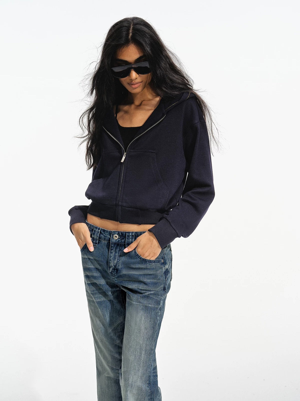 Wheat Embroidered Cropped Zip Hoodie