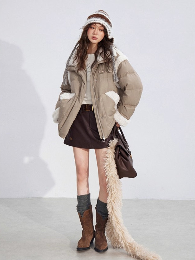 Shearling Patchwork White Down Puffer Jacket