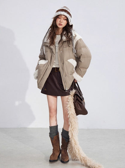 Shearling Patchwork White Down Puffer Jacket