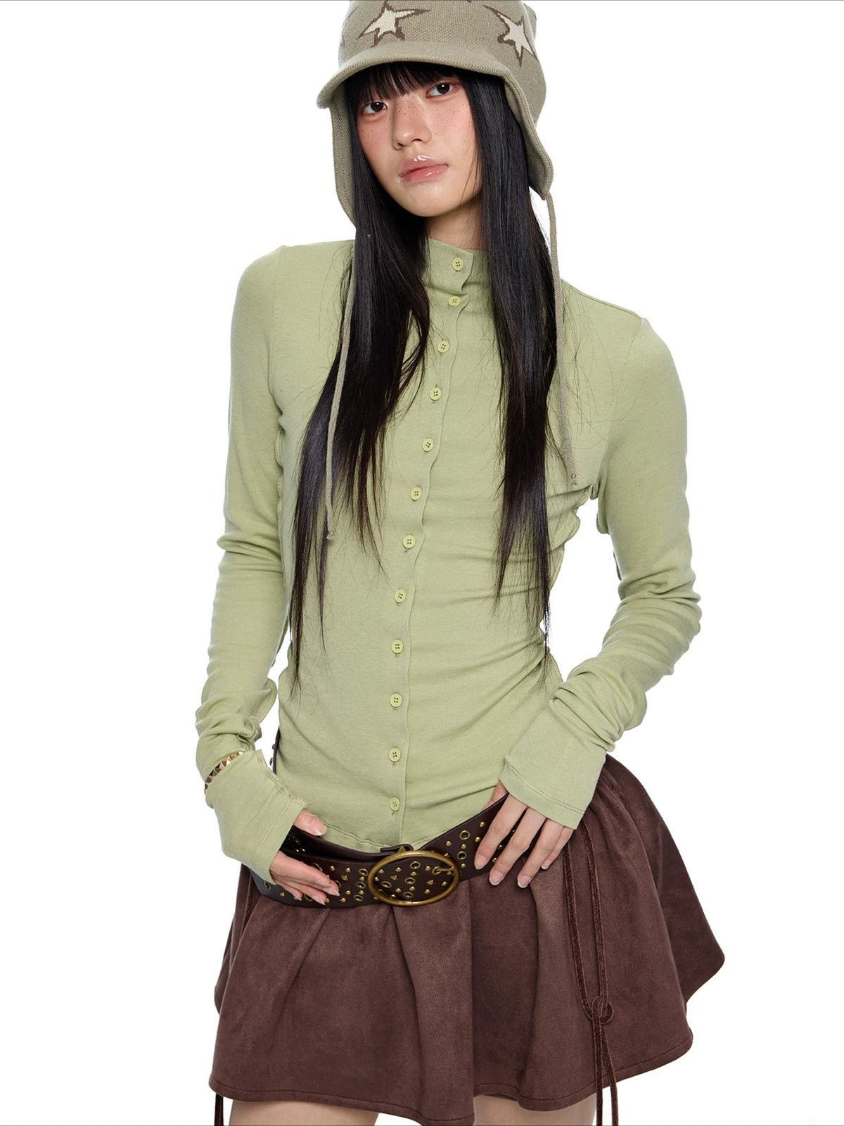 Slim Pleated Long Sleeve Top