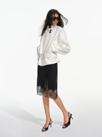 Asymmetric Lace Trim Satin Skirt