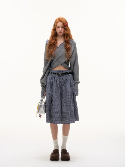 Off-Shoulder Plaid Panel Cross Sweater