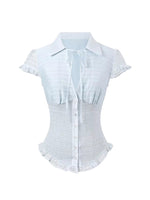 Blue & Brown Ruffle Tie Blouse