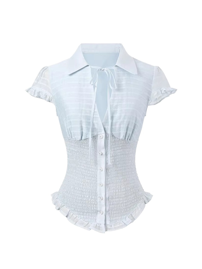 Blue &amp; Brown Ruffle Tie Blouse