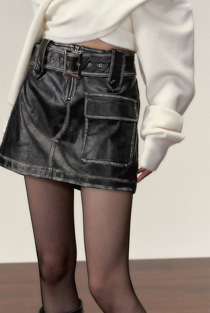 Vintage PU Leather Jacket &amp; Skirt Two-Piece Set
