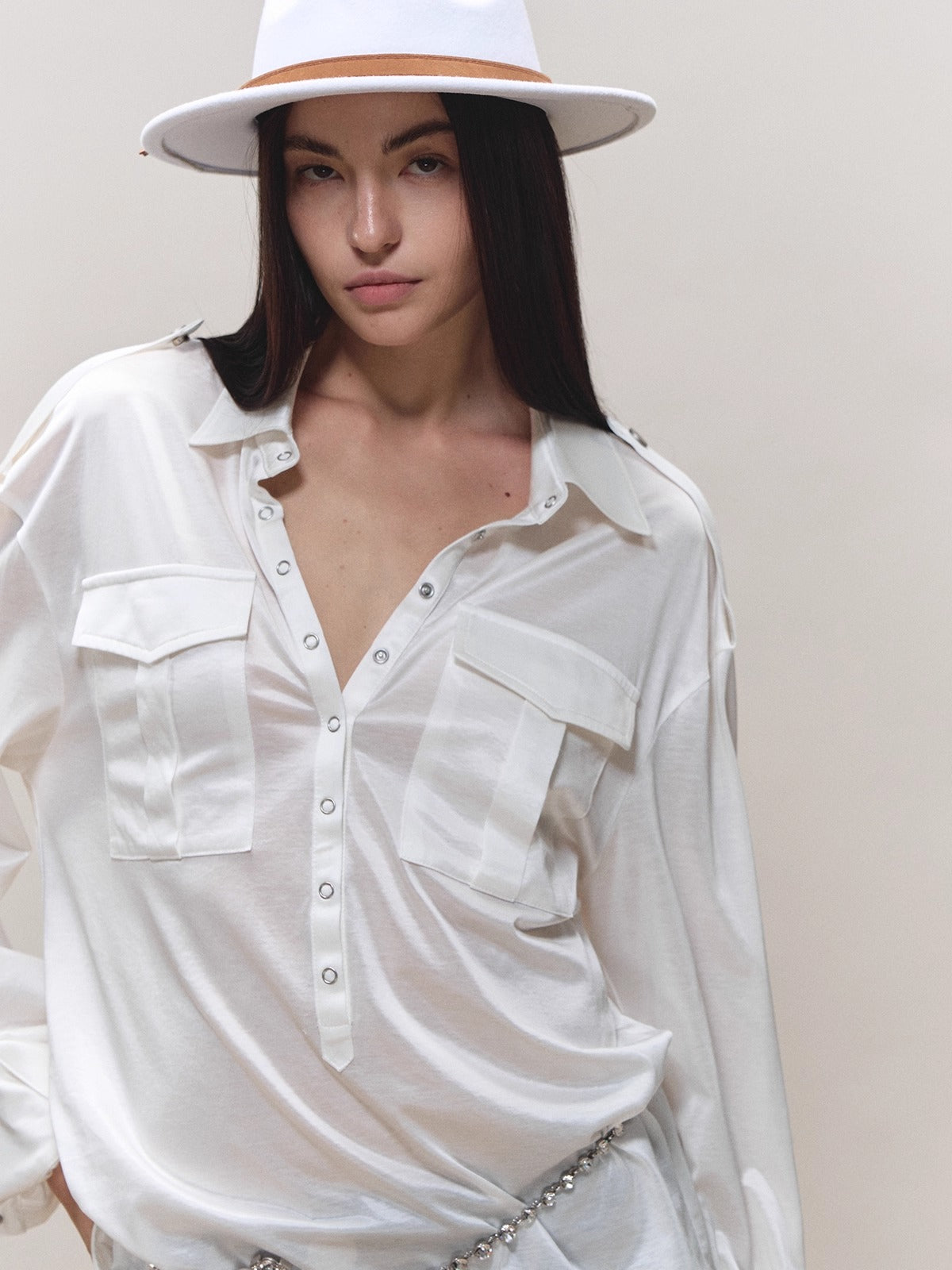 Satin-Sheen Knit Utility Shirt