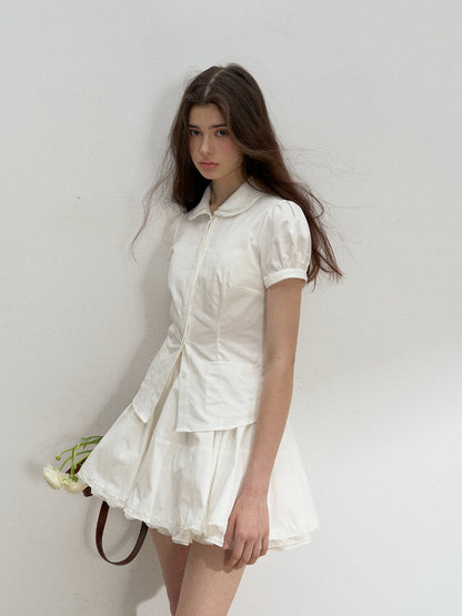 Cotton Lace Embroidered Collar Shirt &amp; Skirt Set