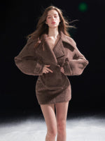 Shearling Collar Waist-Cinching Coat & Wool Skirt Set