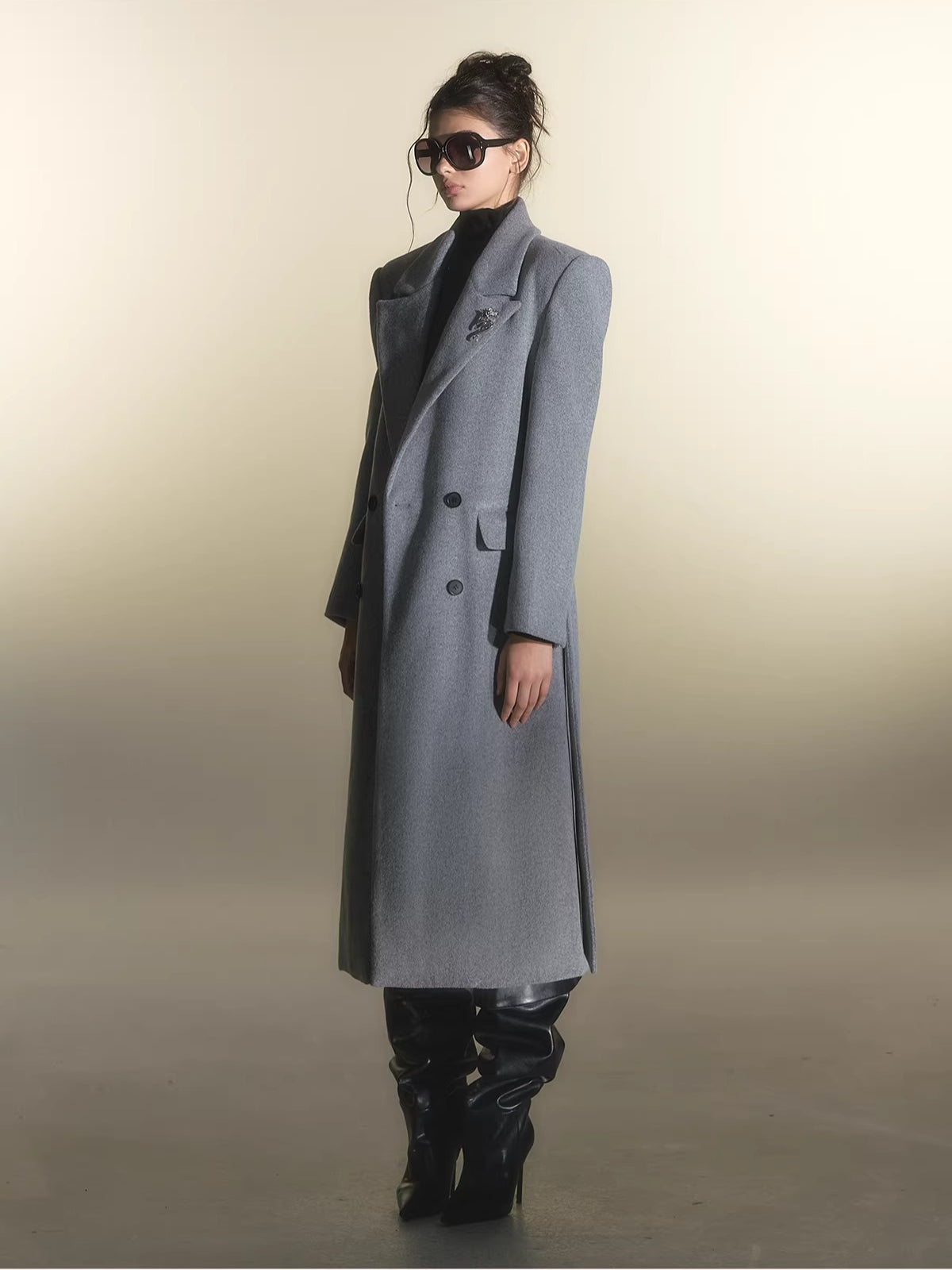 Grey Belted Oversized Wool Coat