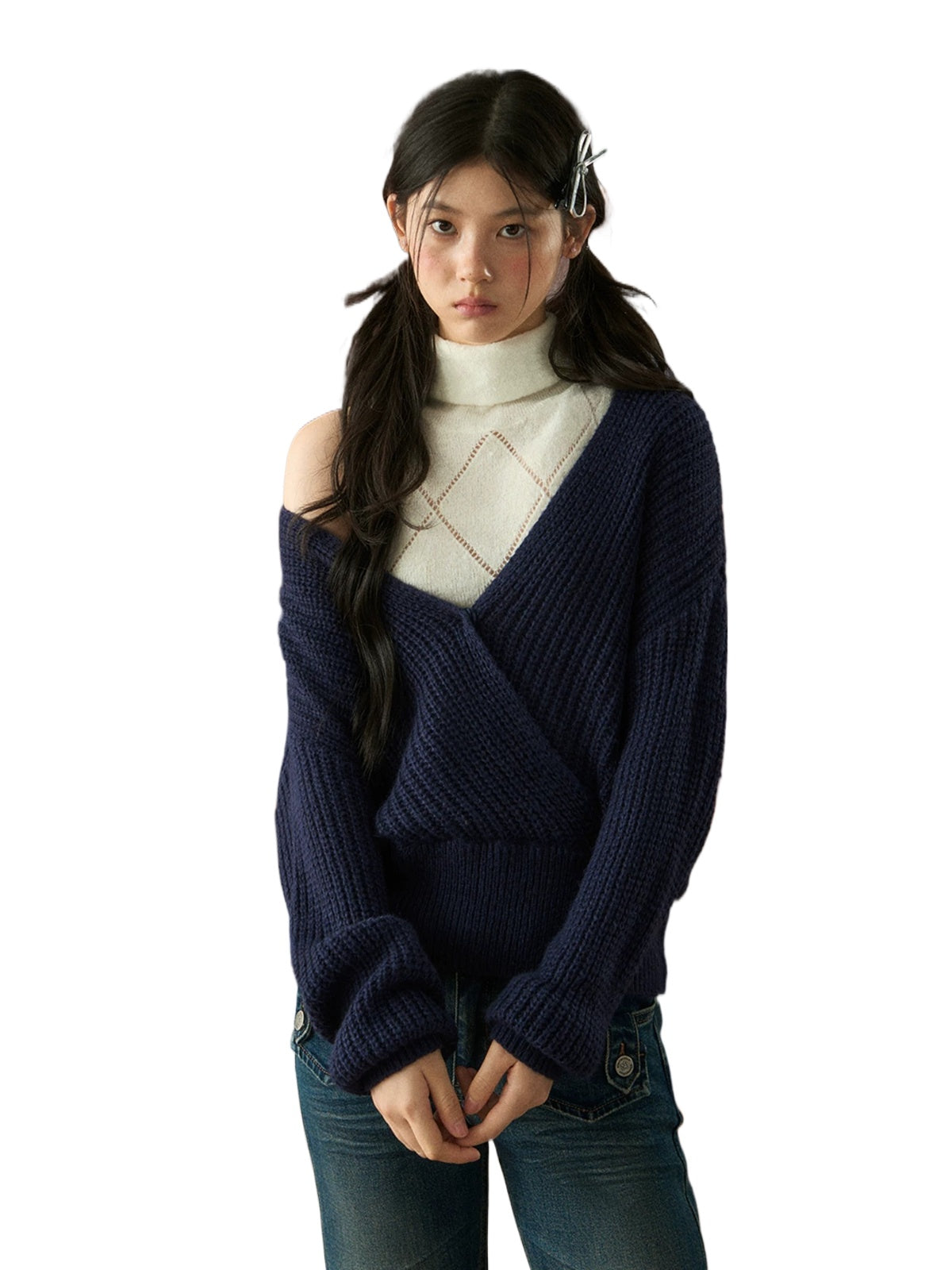 Oversized Deep V-Neck Wool Knit Sweater