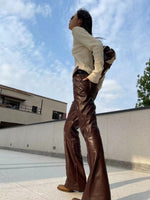 Black & Burgundy Embroidered PU Pants