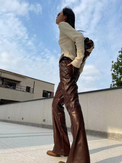 Black &amp; Burgundy Embroidered PU Pants