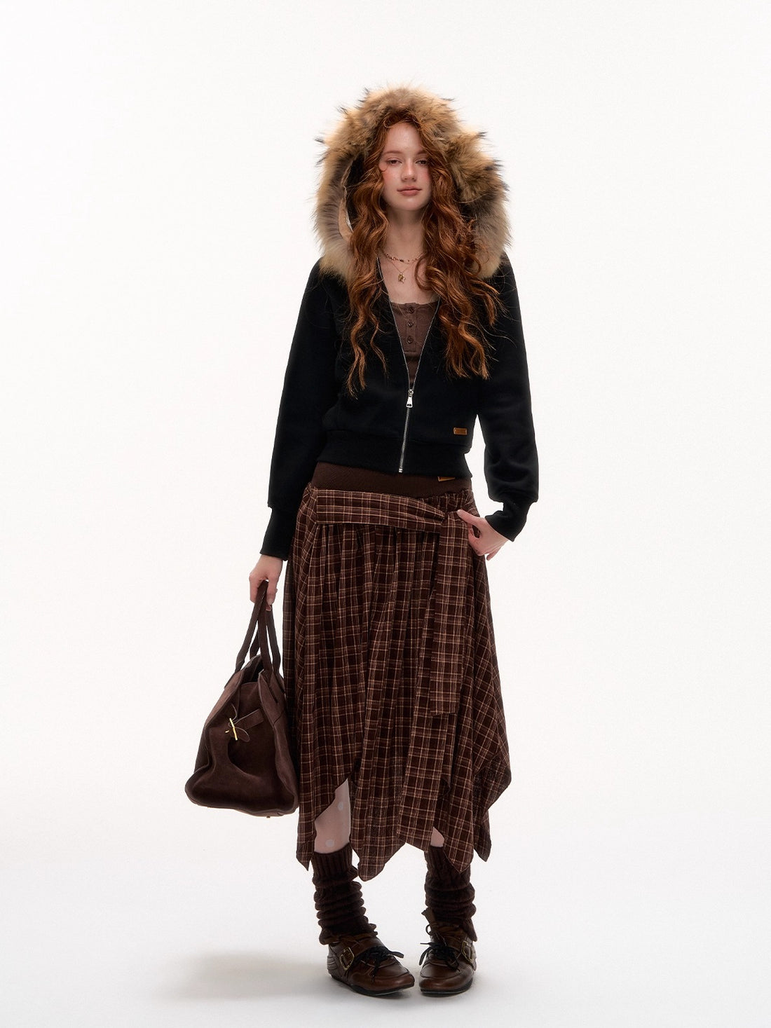 Plaid Asymmetrical Midi Skirt