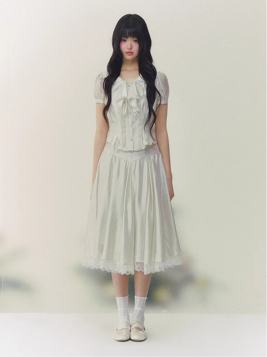 Lace Trim Blouse &amp; Skirt Set