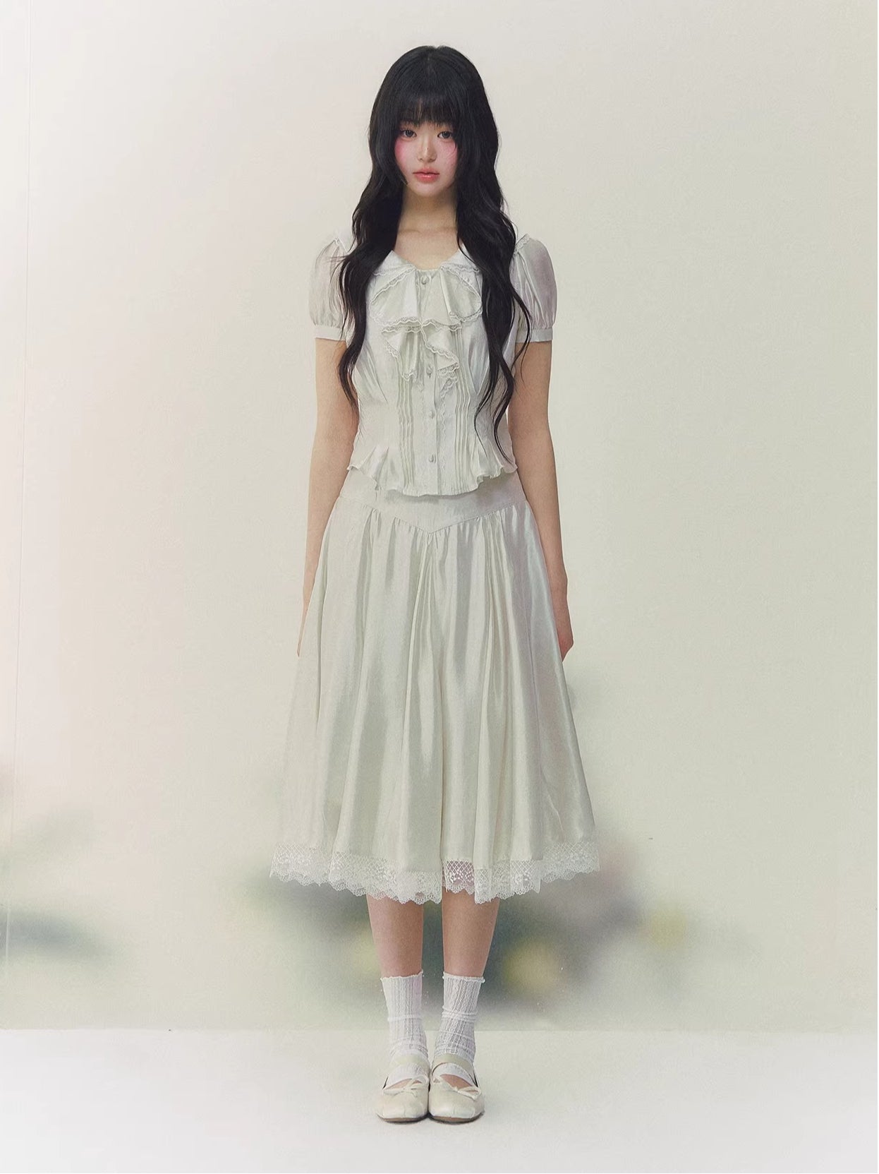 Lace Trim Blouse &amp; Skirt Set