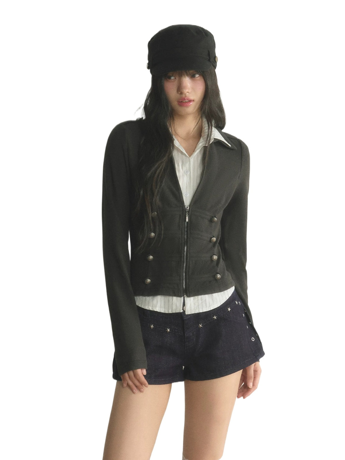 Vintage Double-Breasted Layered Cropped Jacket