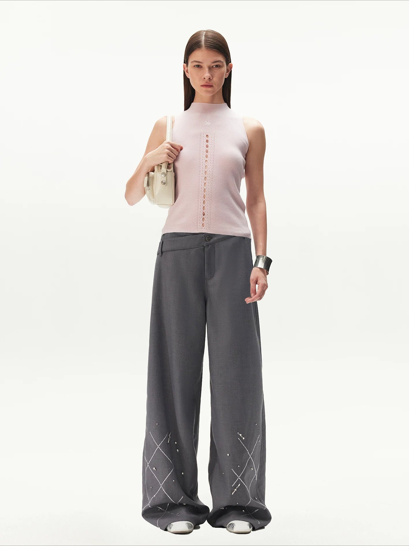 Gelain Rhinestone Asymmetric Waist Pants