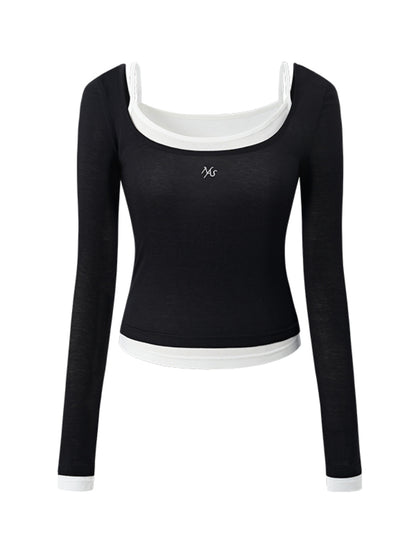 Color-block Two-piece Integrated Strap Layered T-shirt Top