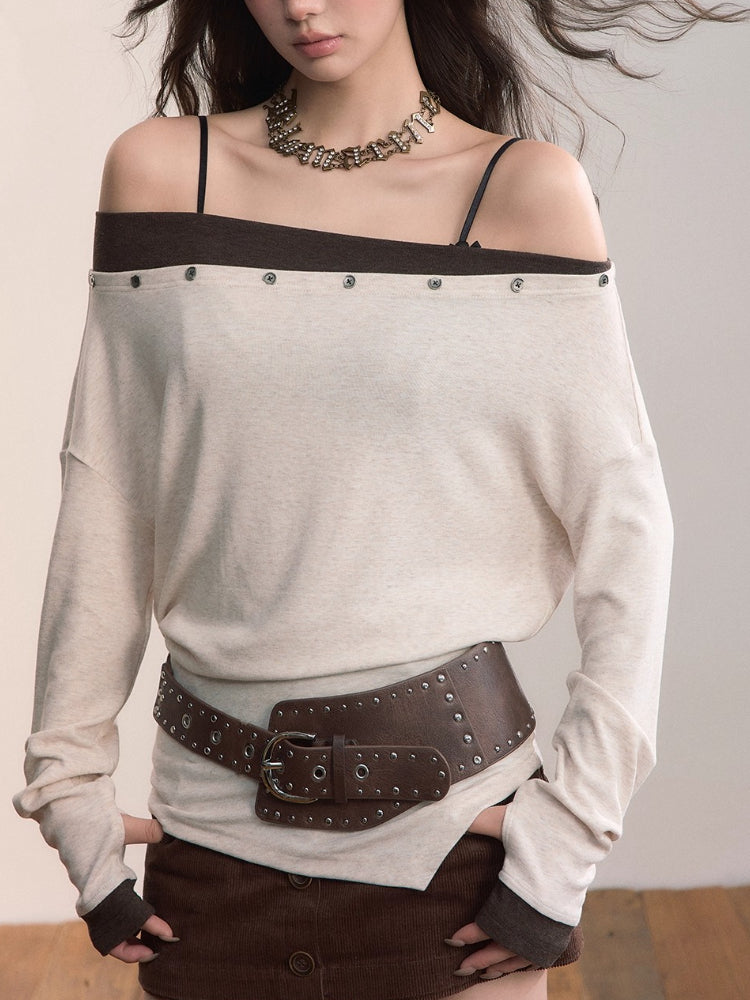 Contrast Off-Shoulder Irregular Knit Top