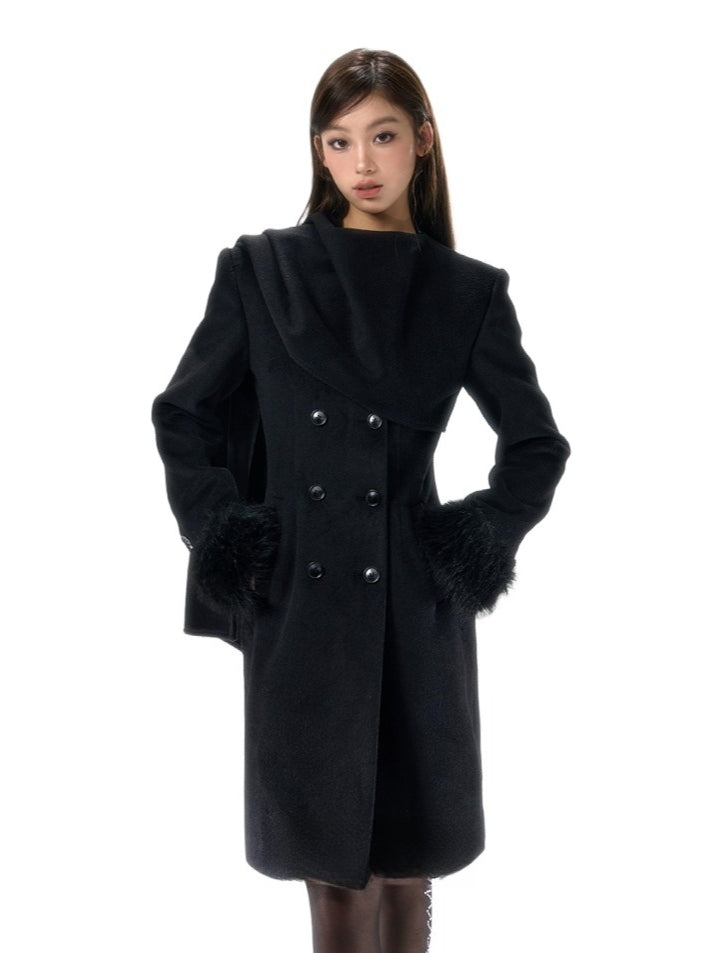 Wool-Blend Scarf-Collar Midlength Waist-Defined Coat