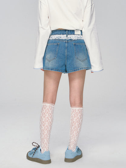 Blue Lace-Trim Denim Skirt