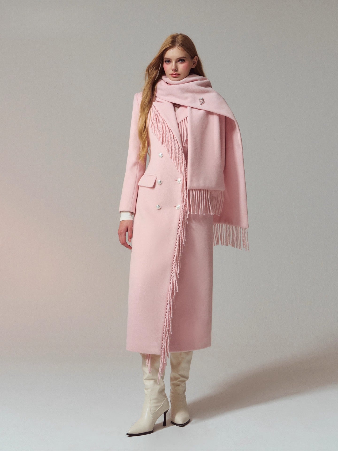 Wool-Blend Hourglass Fringe-Scarf Double-Breasted Long Coat
