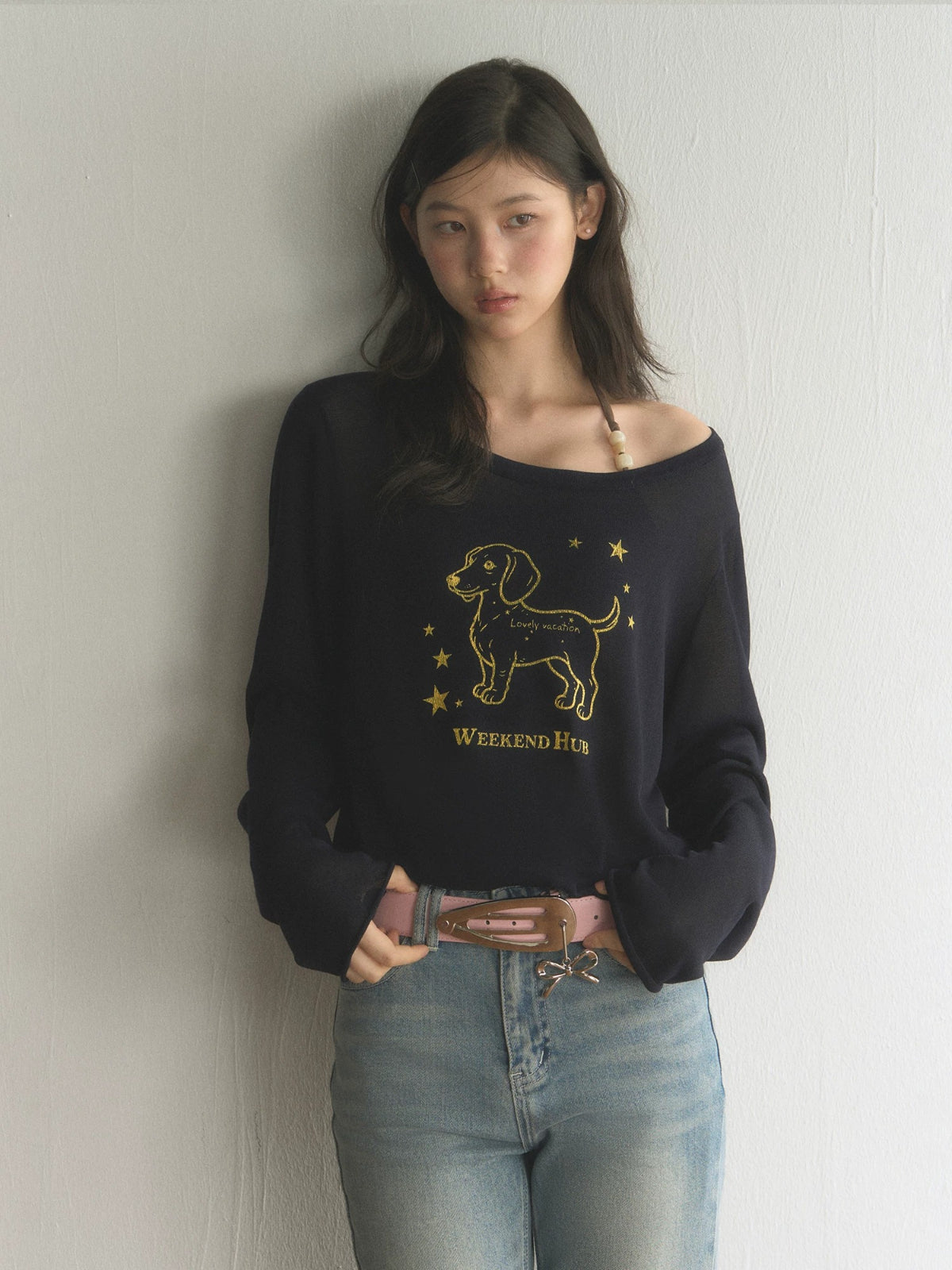 Dachshund Print Off Shoulder Top