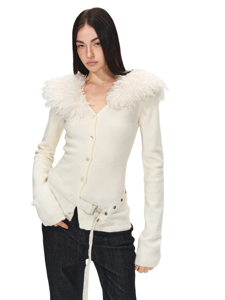Detachable Fur Collar Suede Belted Cardigan