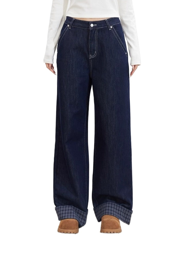 Navy Blue Plaid Patchwork Denim Wide-Leg Pants