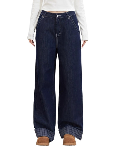 Navy Blue Plaid Patchwork Denim Wide-Leg Pants