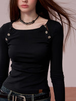 Rose Button Detail Fitted Long Sleeve Top