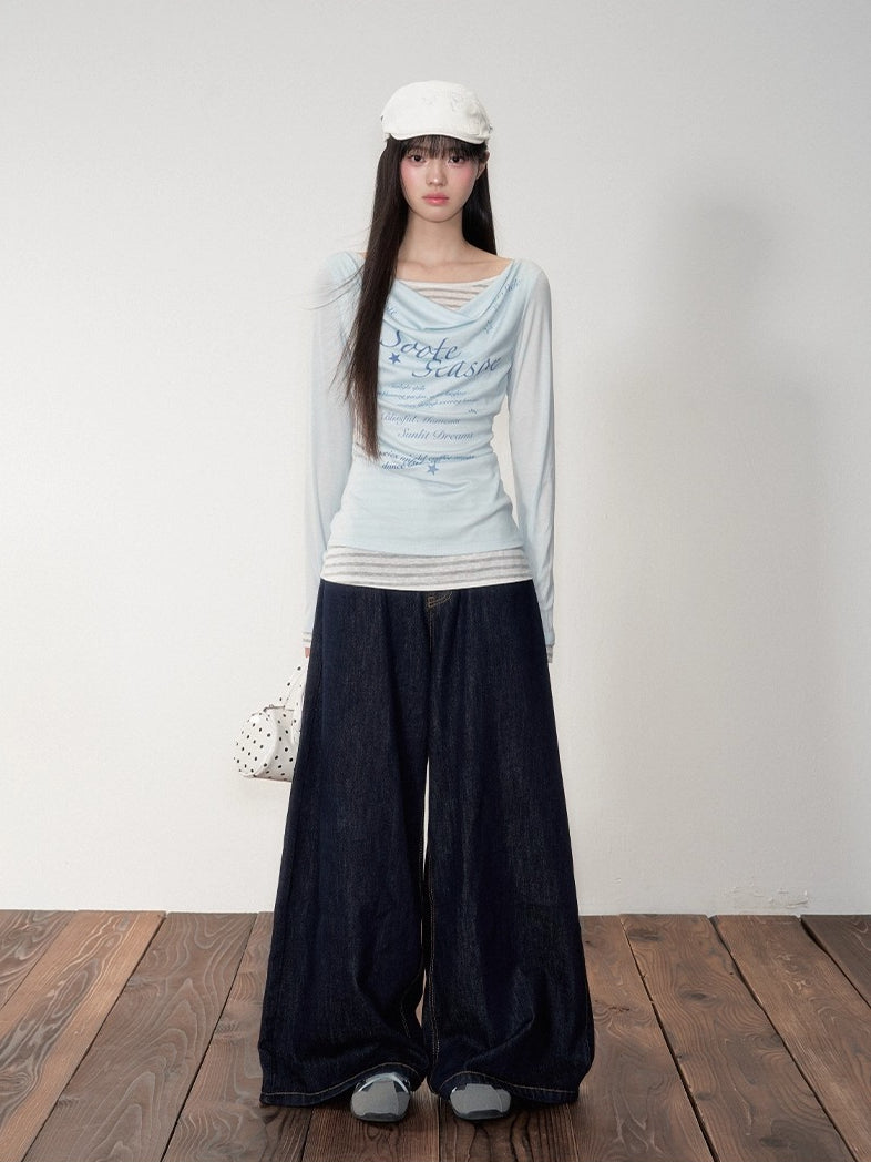 Blue &amp; Gray Printed Draped Long-Sleeve T-shirt