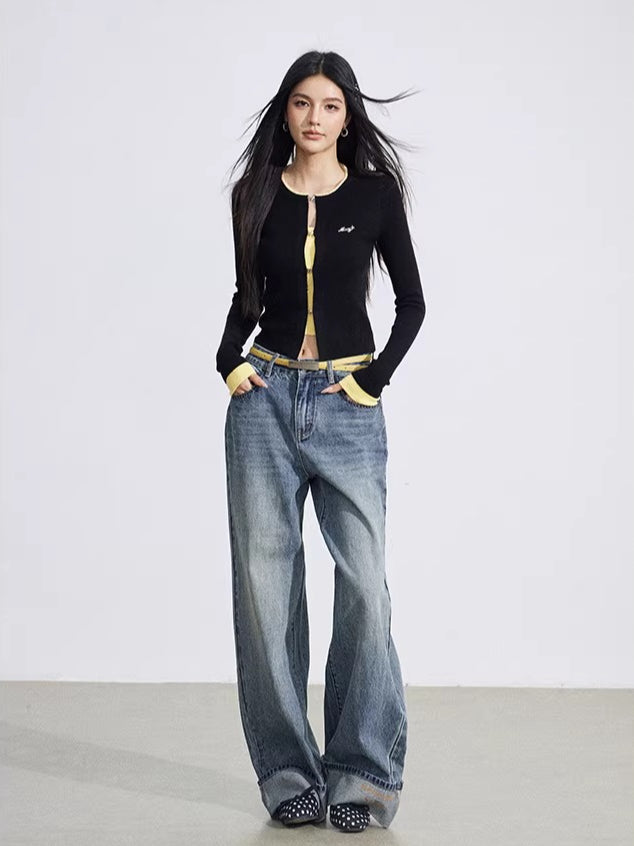 Blue Embroidered Cuff Wide Jeans