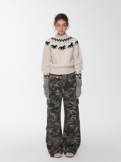 Fair Isle Pony Jacquard Chunky Knit Sweater