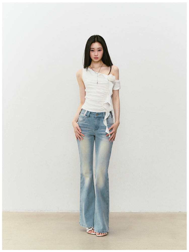 Color-Block Washed Flared Jeans