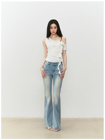 Color-Block Washed Flared Jeans