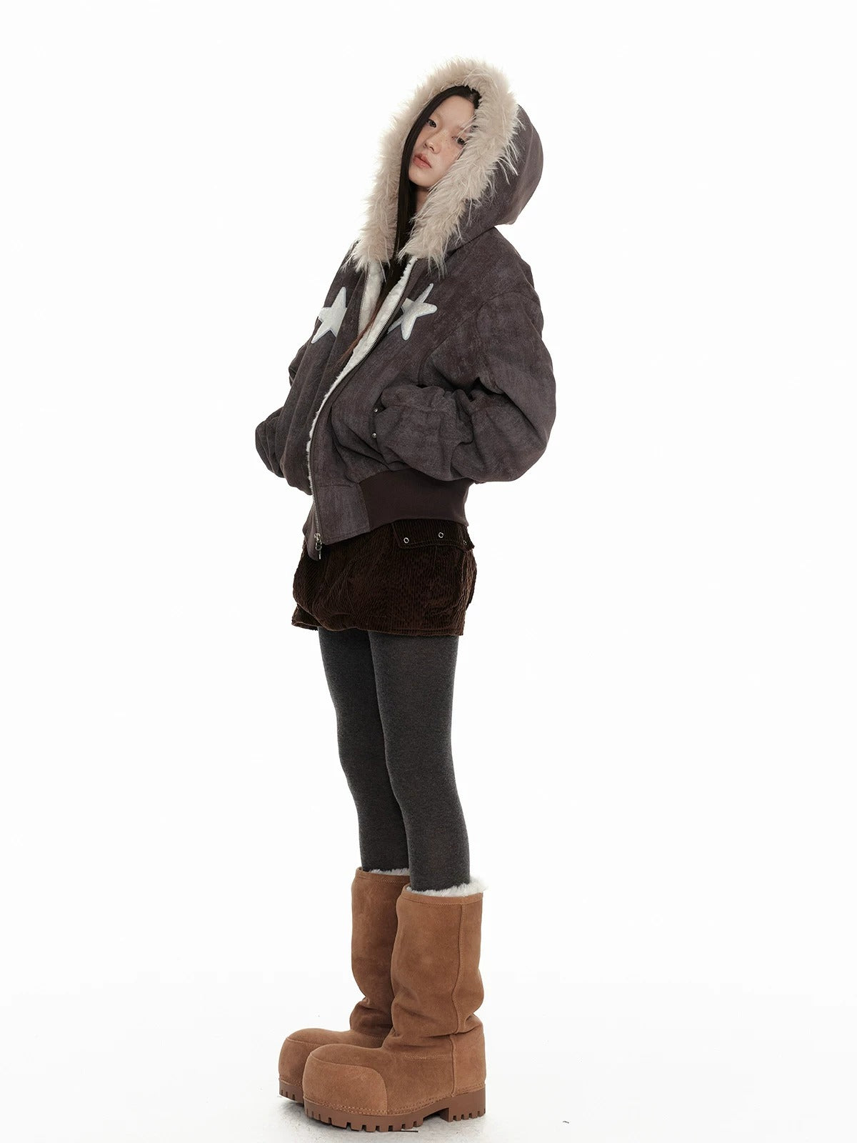 Distressed Fur Hooded Padded Jacket