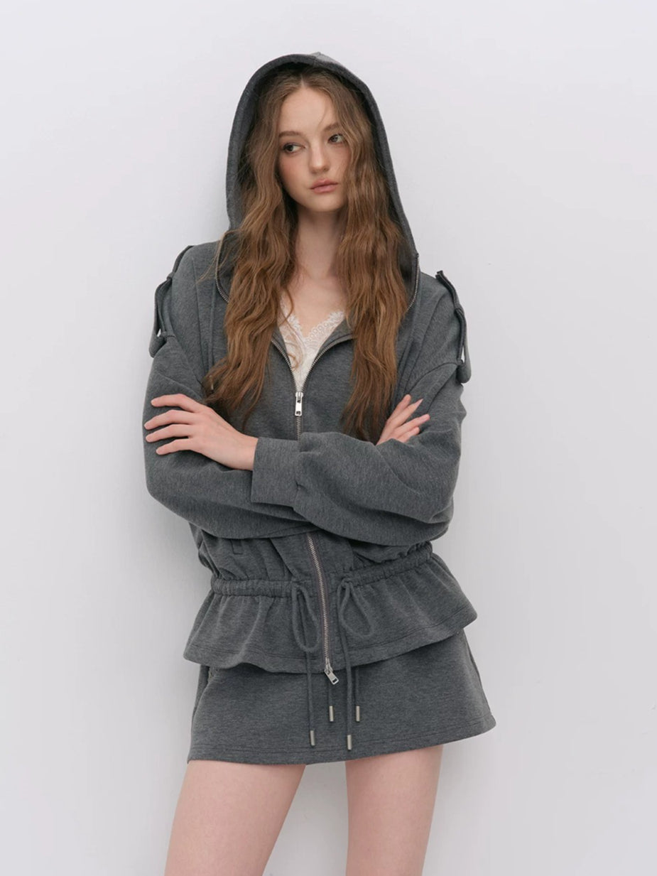 Gray Drawstring Hoodie &amp; Skirt Set