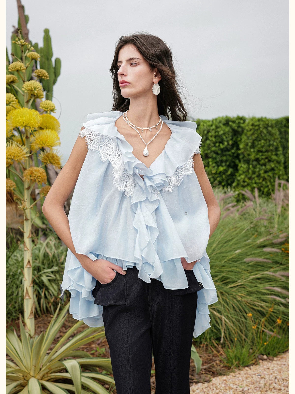 Ruffle V-Neck Sleeveless Blouse