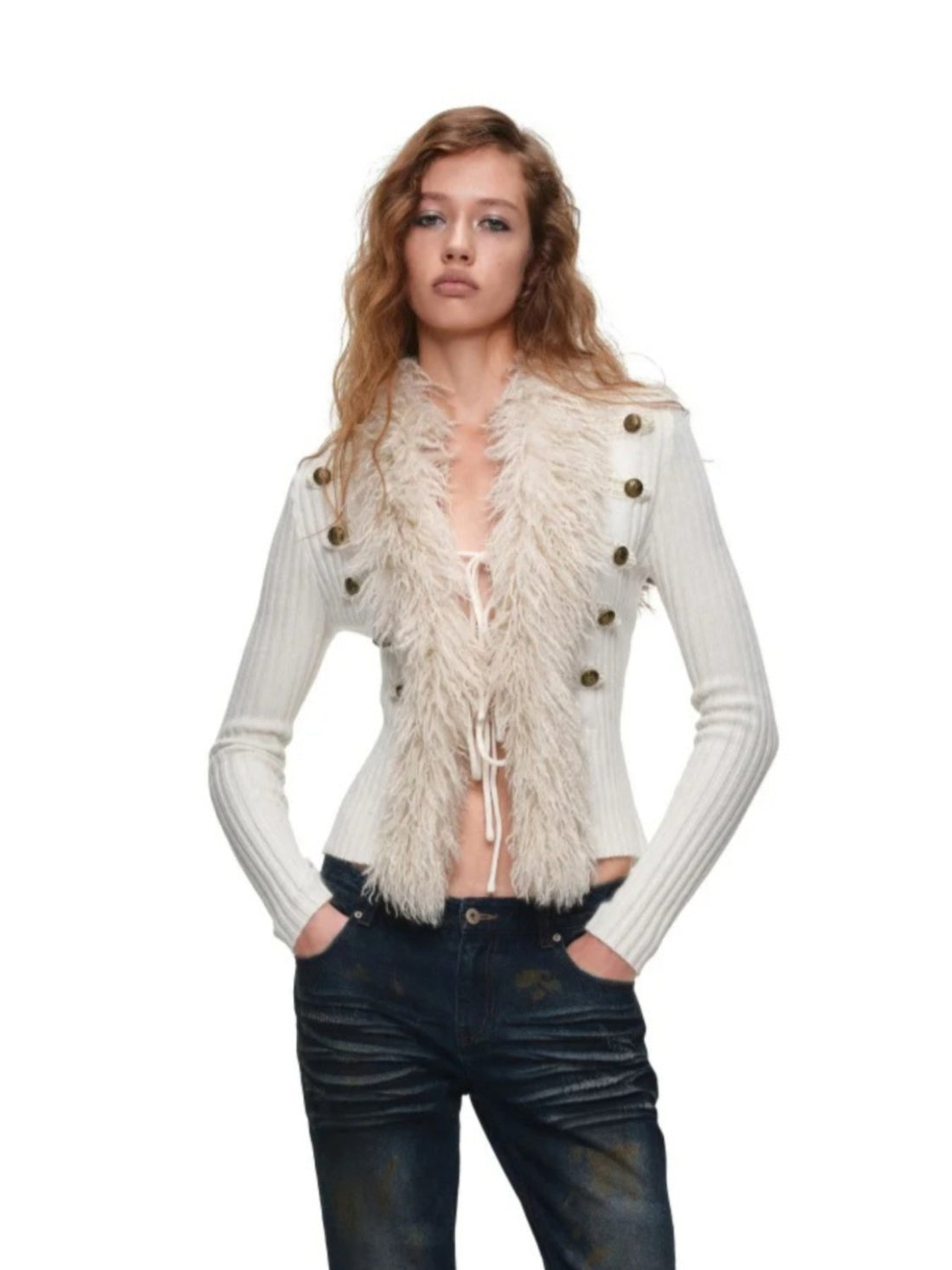 Napoleon Fur Collar Ribbed Cardigan