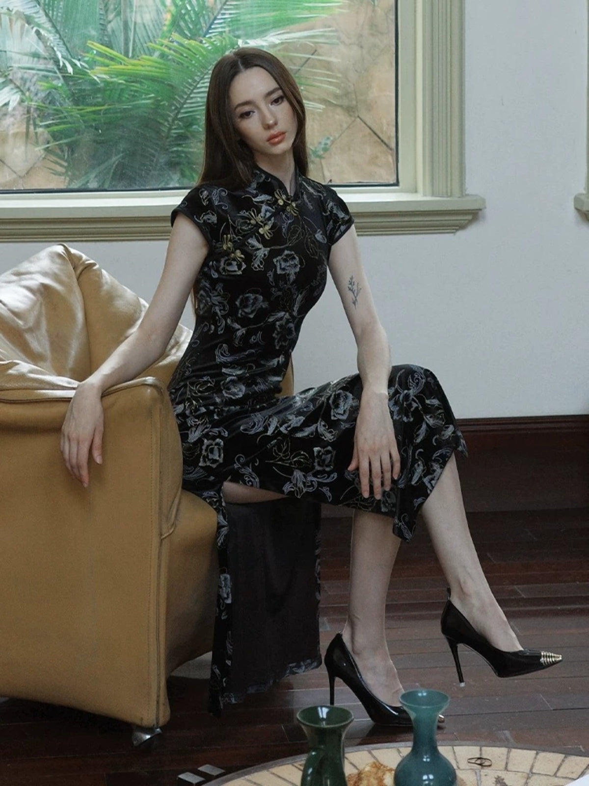 Black Velvet A-Line Qipao Dress