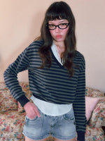Lace V-Neck Striped Shirt