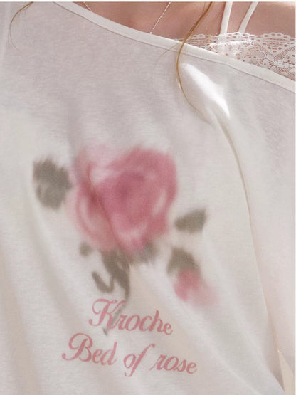 Rose Print Lace Top &amp; Skirt Set