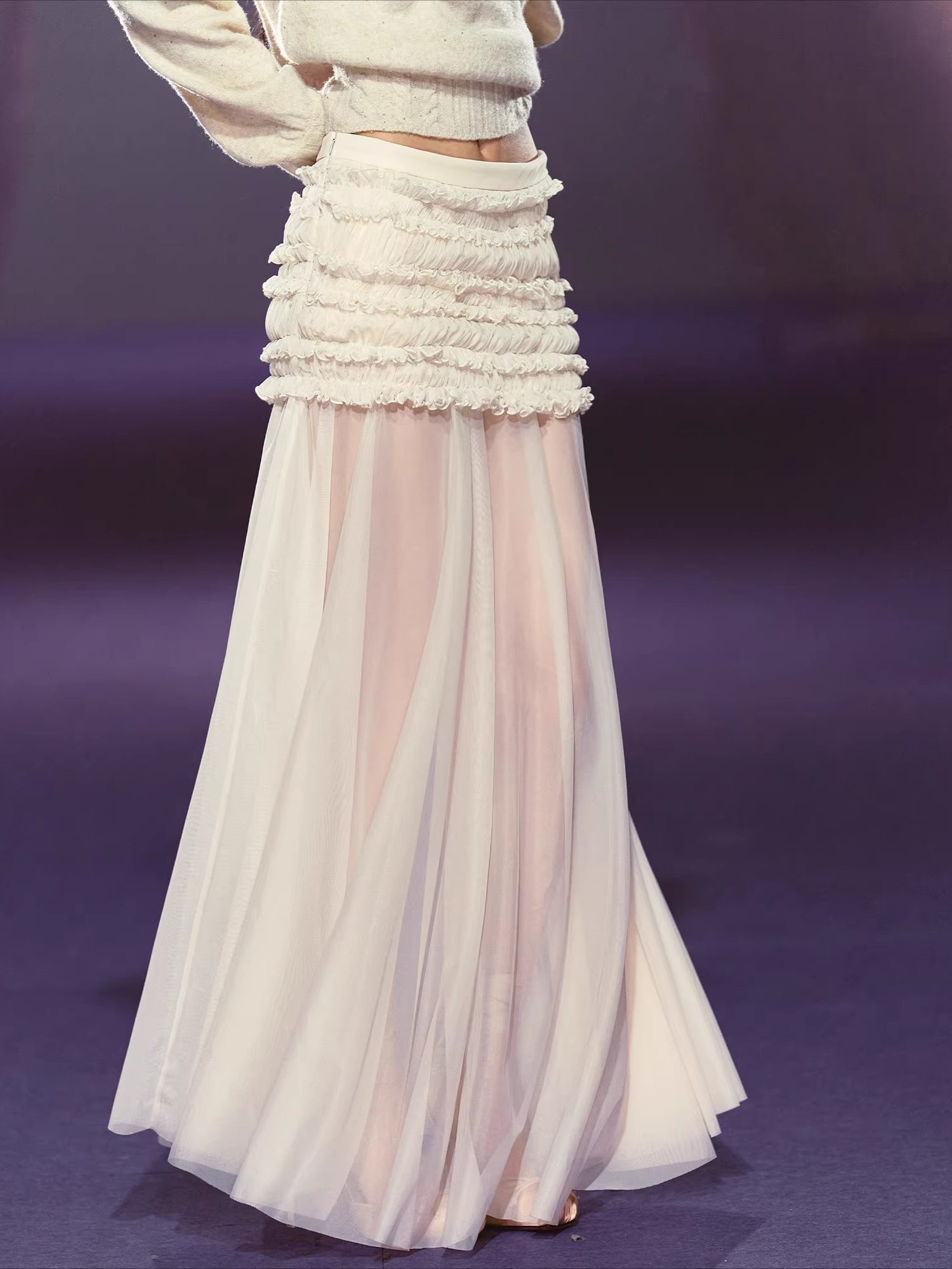 Pleated Mesh Maxi Skirt