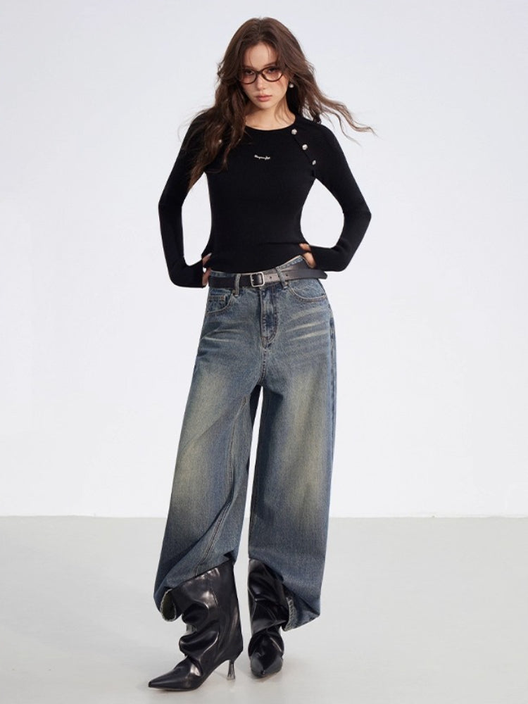 Leather-Patch Wide-Leg Denim Pants