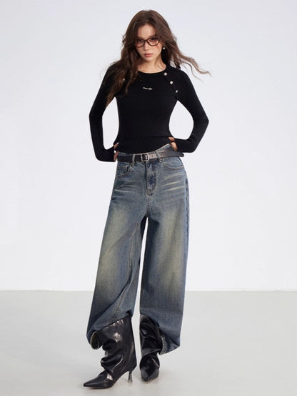Leather-Patch Wide-Leg Denim Pants