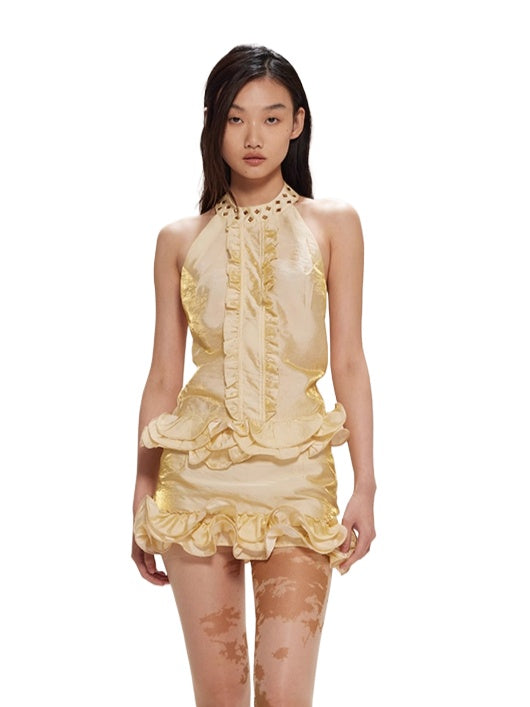Light Yellow Wave Rhinestones Lace Halter Set