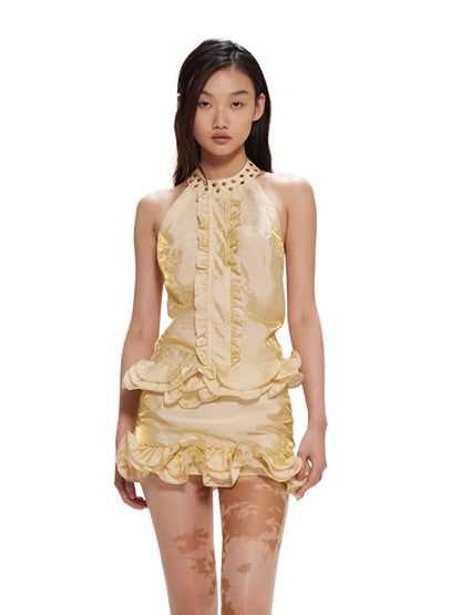 Light Yellow Wave Rhinestones Lace Halter Set