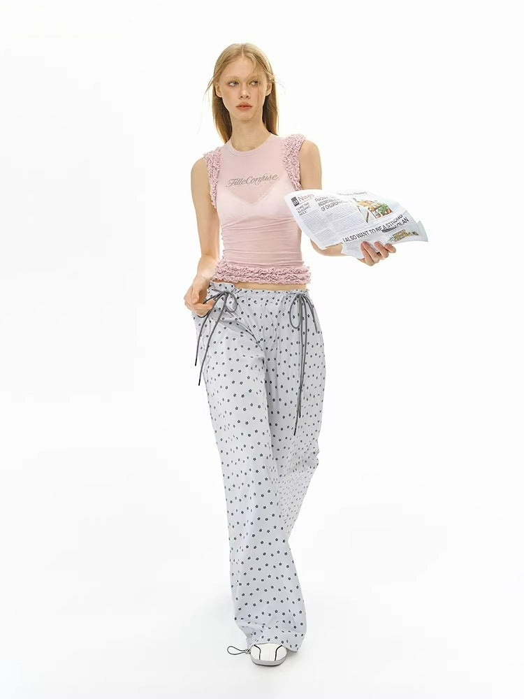 Grey Floral Wide-Leg Pants